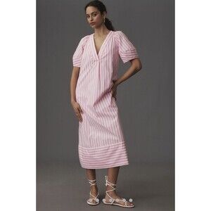 Anthropologie Maeve Pink Striped Puff Sleeve Midi Dress Size Small Petite EUC